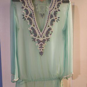 Boston Proper Mint Green Beaded‎ Shear Long Sleeve Shirt, Size S
